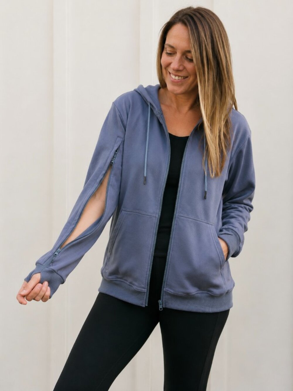Be Well IV Zip Hoodie Jacket Blue Gray Athleisure Sleeve Zip Pockets Medium